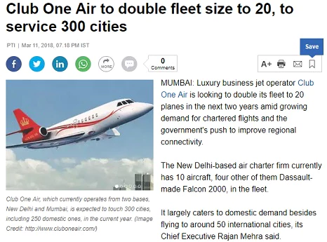 Club One Air to double fleet size to 20, to service 300 cities