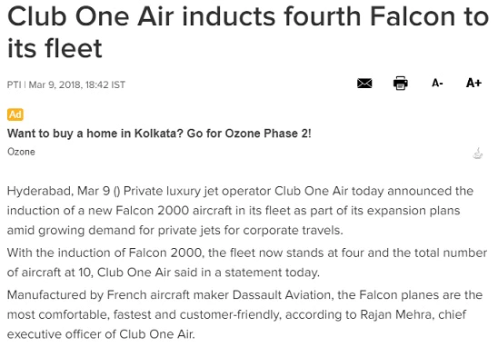 Club One Air inducts fourth Falcon to its fleet